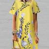 Women Elegant Dress Flower Leaf Print Short Sleeve Loose Leisure Dress for Outdoor