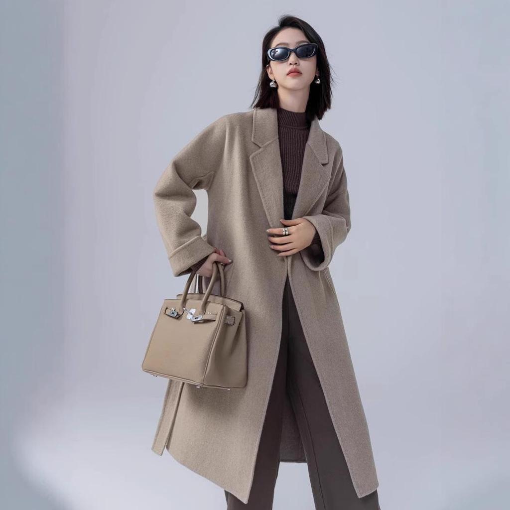 Petite Women's Mid-Length Camel Wool Coat - Loose Double-Faced Cashmere with Tie-Waist for Autumn and Winter.