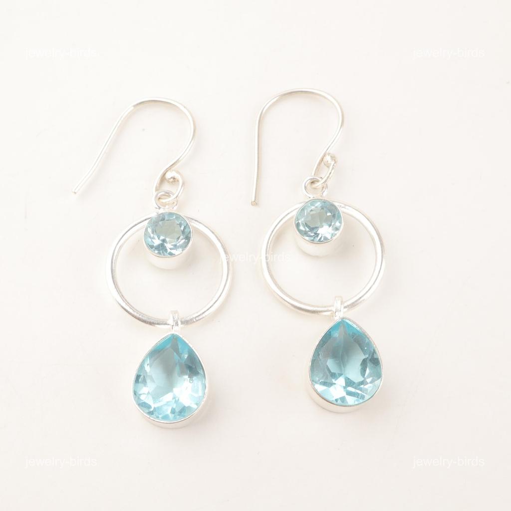 Sky Blue Topaz Stone Sterling Silver Mothers Day Wedding Dangle Hook Earrings EE-140-14