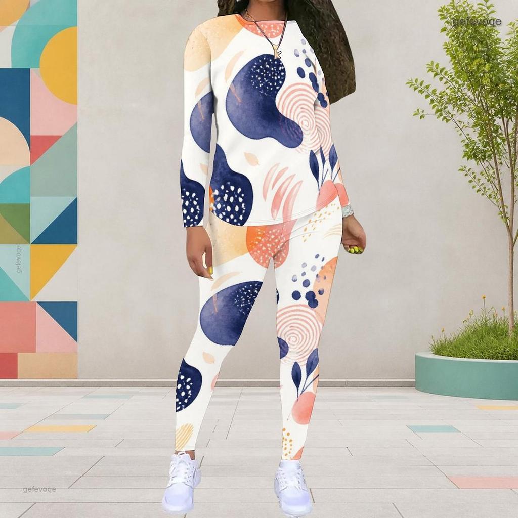 Women Plus Size Colorful Printed Round Neck Long Sleeve Top And Fitted Pants Two Piece Set