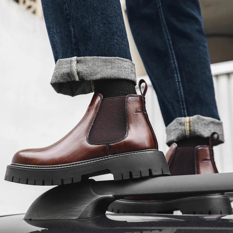 Mode Hoge Kwaliteit Ronde Neus Chelsea Heren Klassieke Zwarte Rundleer Laarzen Warme Pluche Hoge Top Laarzen Antislip Dikke Zolen Schoenen Herenlaarzen