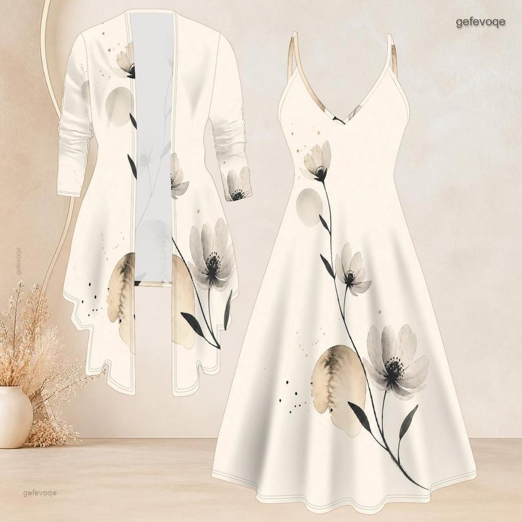 Women Plus Size Two Piece Matching Set Long Sleeve Cover Up Cami Maxi Dress