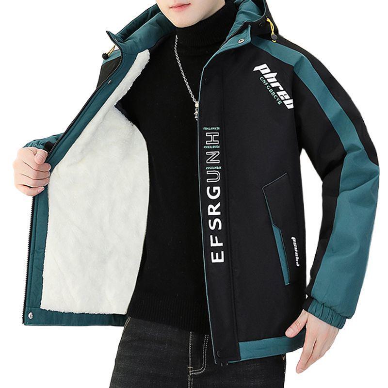 Men's Windproof Fleece-Lined Hooded Jacket: Warm, Thick Cotton Coat for Winter and Outdoor Activities