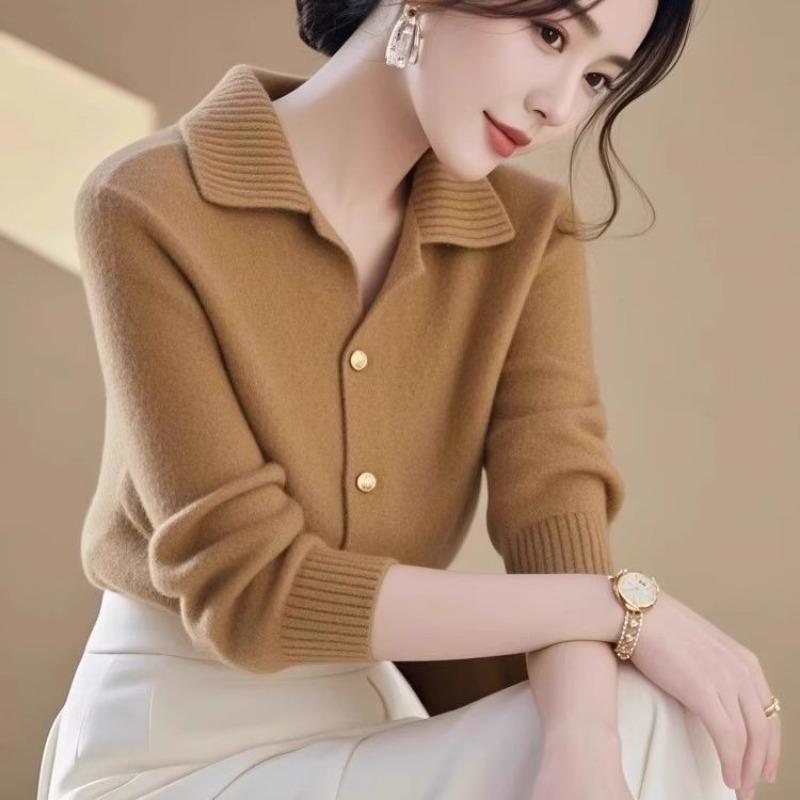 taupe polo collar button-front long sleeve knit top for women onesize жёлтый