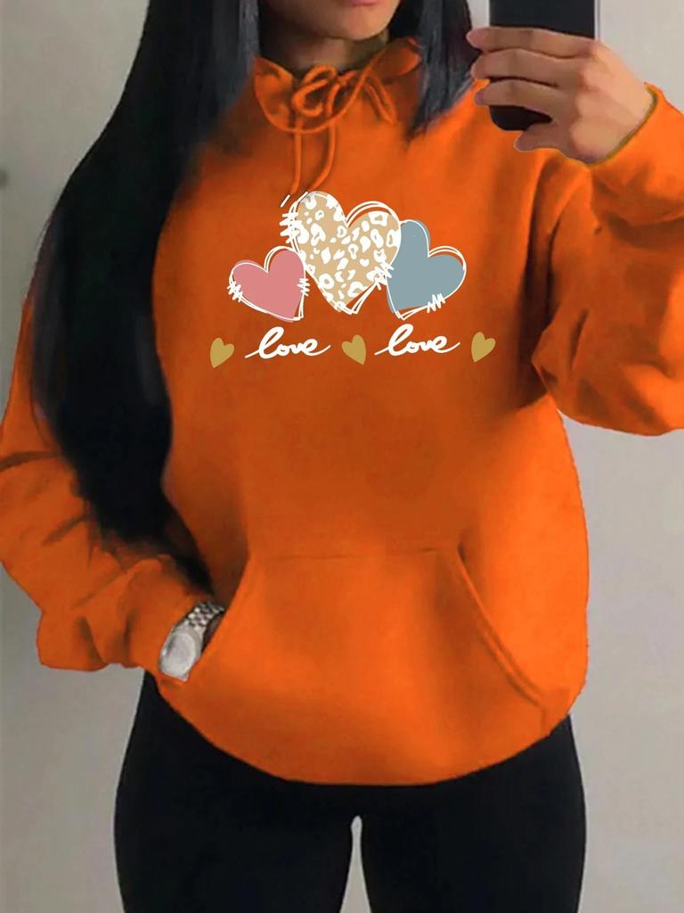 Pink Leopard Heart Printed Women'S Hoodie Autumn Loose Casual Pocket Fleece Pullover
