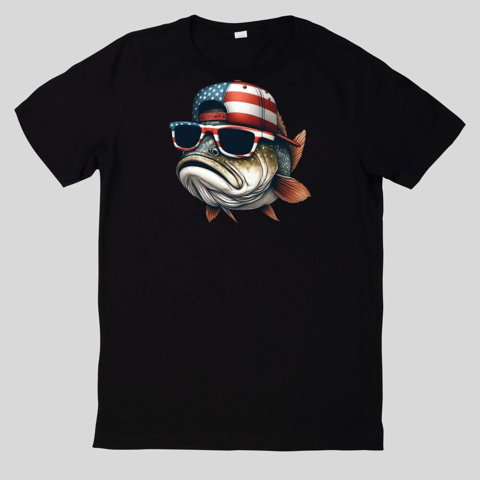Patriotic American Classic Fish 100% Cotton T-shirt Mens Tees Top- XL