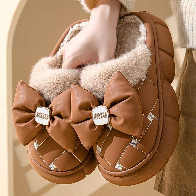 Women's Thick-Soled Waterproof Cotton Slippers - Men's Fashion, Warm Bow Style, Non-Slip for Outdoor Winter Wear.