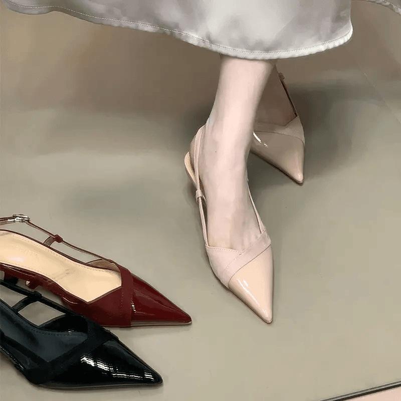 French pointed head temperament suede splicing bag head sandals wine glass heel summer new rear strap women's shoes commute