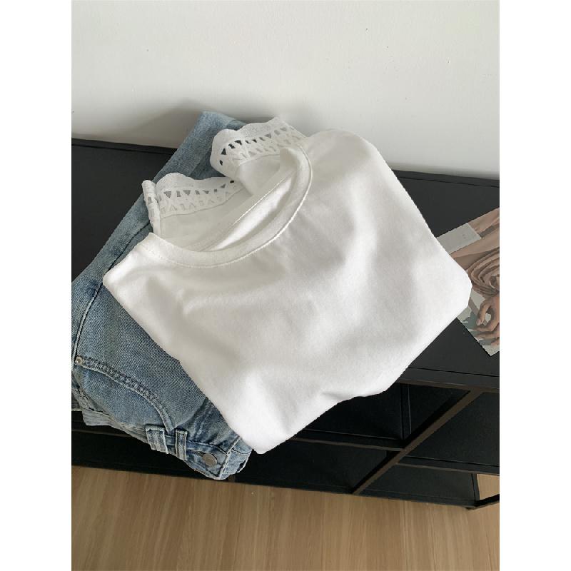 Hollowed-out lace hem pure cotton round-neck long-sleeve T-shirt for women, 2026 spring elegant Korean-style base shirt top