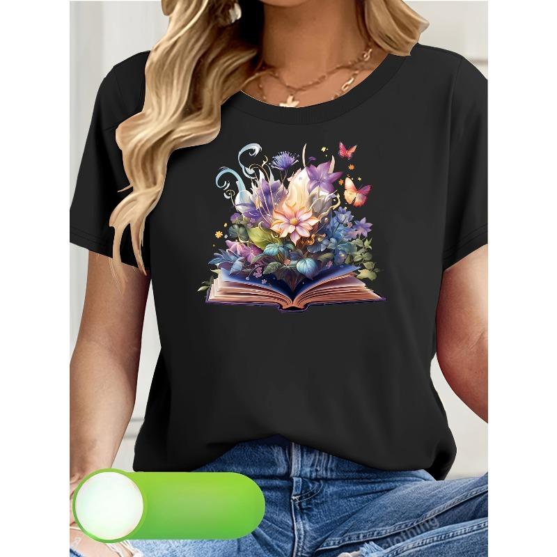 

European Size Floral Print Women s Short Sleeve T-Shirt 4XL чорний