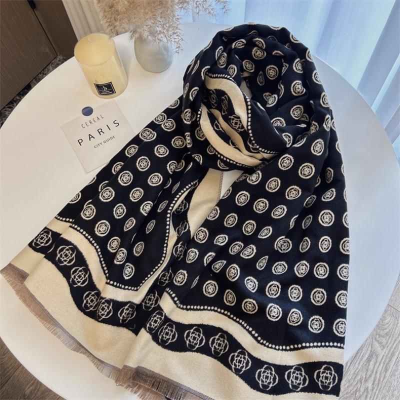 Winter Polka Dot Camellia Age-reducing Scarf Shawl Double-sided Printing Imitation Cashmere Scarf High-end Scarf Multi-function