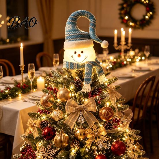 Indoor Holiday Table Centerpiece Lighted Christmas Tree Topper, Glowing Snowman Star Hat with LED Light, Window Display Ornament Winter Decor for Home