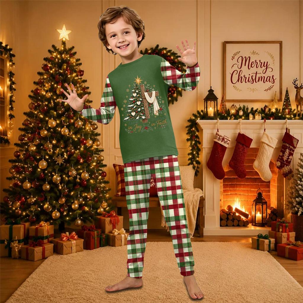 Christmas-print long-sleeve and long-pant matching family loungewear set
