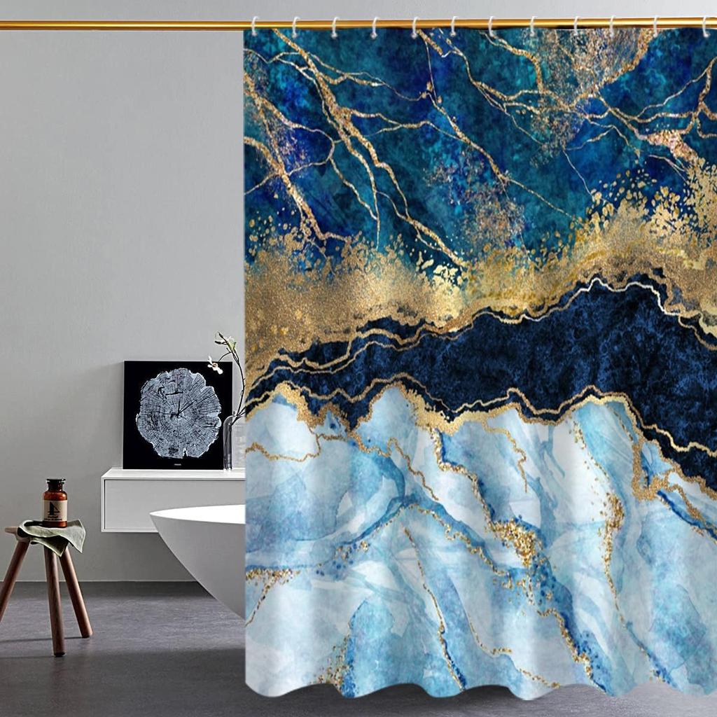 Navy Blue and Gold Marble Shower Curtain Modern Luxury Abstract Art Shower Curtains for Bathroom with Hooks Polyester Waterproof