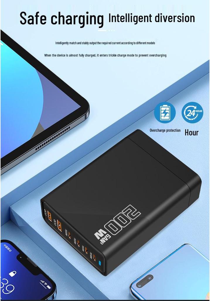 200W GaN Multi-Port Charger for Apple Laptops: 6-Port PD Fast Charging Plug