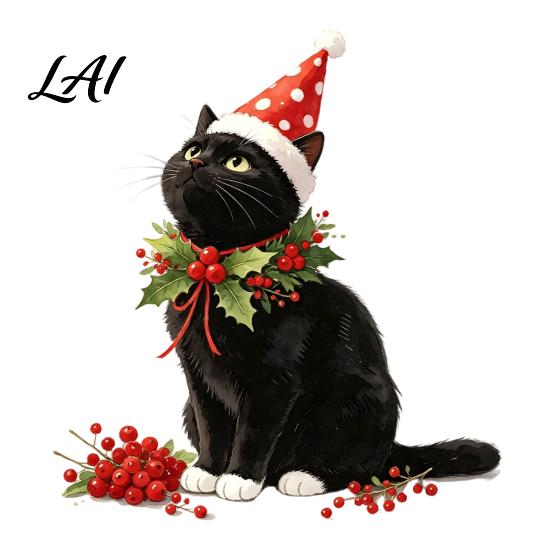 Winter Home Atmosphere Stickers Christmas Cute Black Cat Wall Sticker PVC Decal with Polka Dot Cone Hat Party Supplies And Red Berries Waterproof