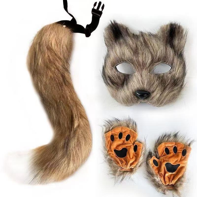 Halloween Carnival and Party Foxes Cosplay Set Including Plush Foxes Mask,Tail,Gloves Animal Dress Up Costume for Adult Cosplay