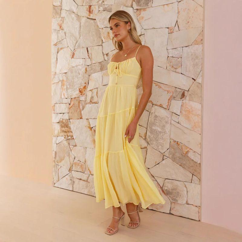 European and American Women clothes New 2025 Sleeve Patchwork Sling Long Backless Lace-up Big Hemline Dress