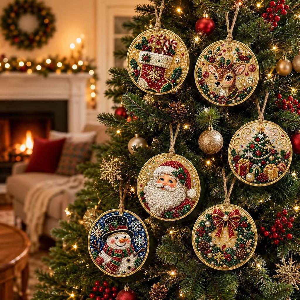 6pc Christmas Pearl Diamond Painting Kit 5D Full Round DIY Diamond for Xmas Tree Hanging Craft Pendent Holiday Christmas Decor