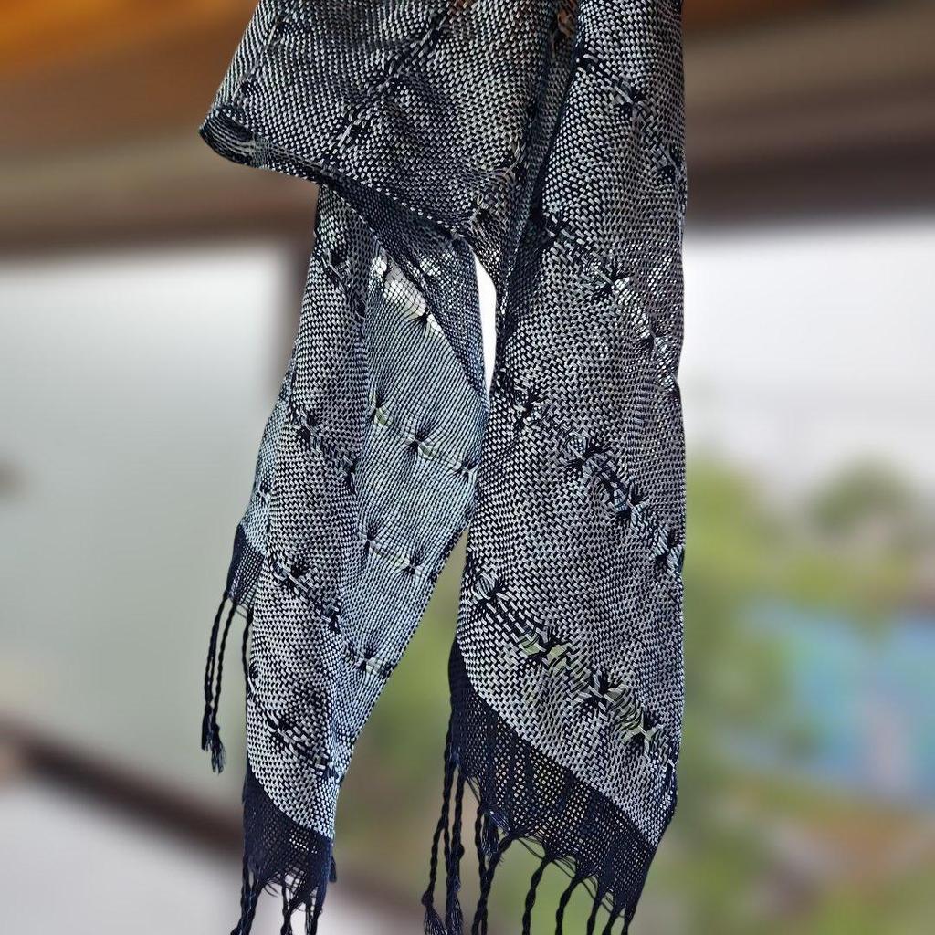 Used New, hand-woven indigo-dyed stole, silk and cotton lace weave