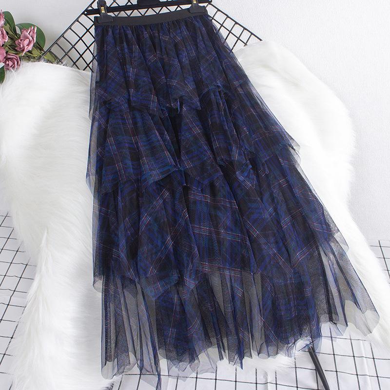 

Юбка из клетчатой ткани, весна 2025, новая юбка-слово, средняя и длинная юбка, женская юбка-торт нерегулярной вязки 0857 one size fits all синий