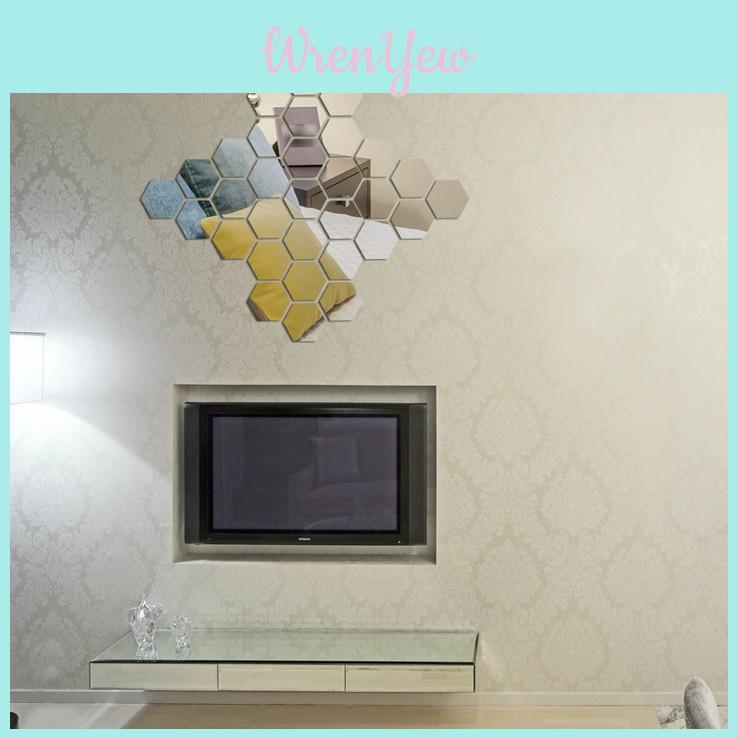 Elegant Silver Hexagon Acrylic 3d Mirror Wall Stickers For Living Room And Bedroom
