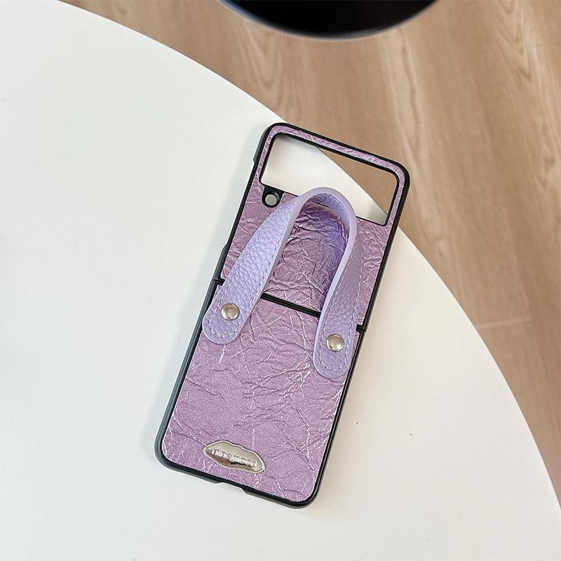 

Solid Color Textured Leather Mobile Phone Case for Samsung Zflip6 Clamshell Fold7 Portable Wrist Strap Pocket2 Women pocket2