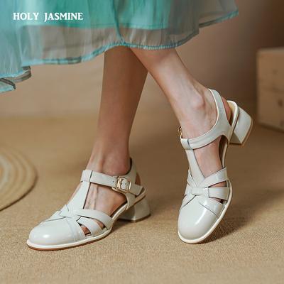 2024 New Simple Buckle Genuine Leather Sandals Women Round 4cm High Heels Shoes Summer Ladies Retro Dress Shoes Women Sandals