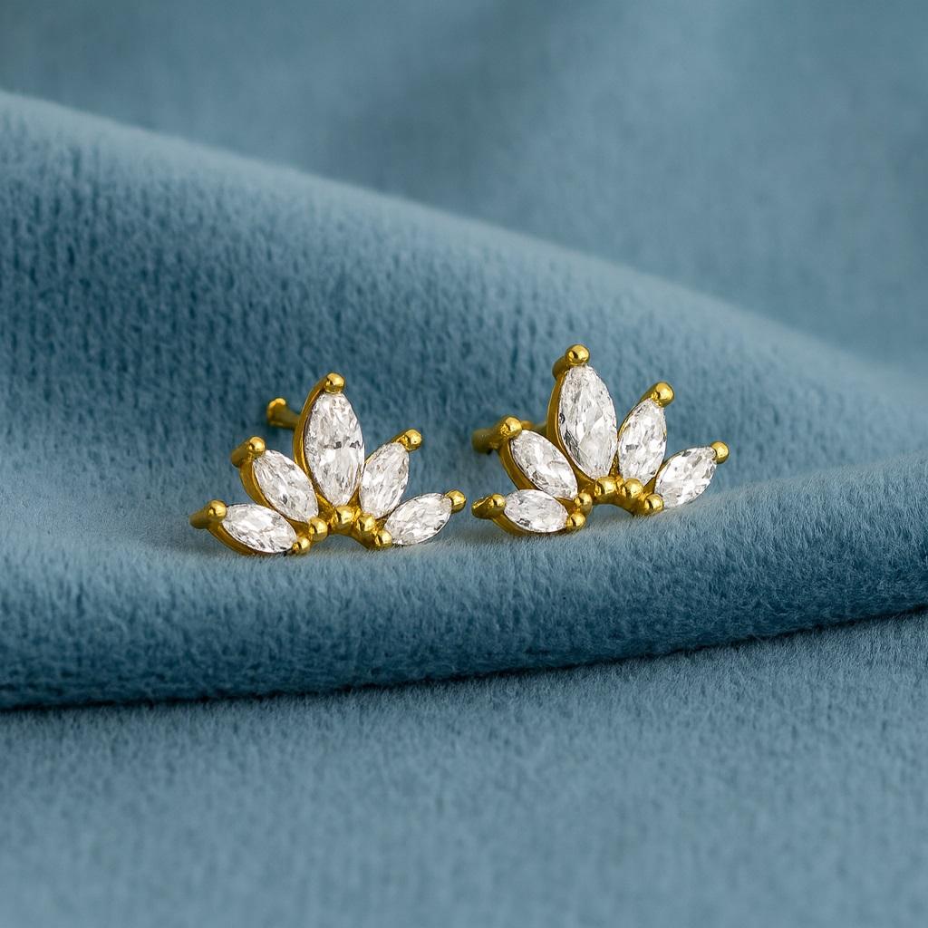 Marquise Fan Cluster Stud Earrings - 925 Sterling Silver Yellow Plated
