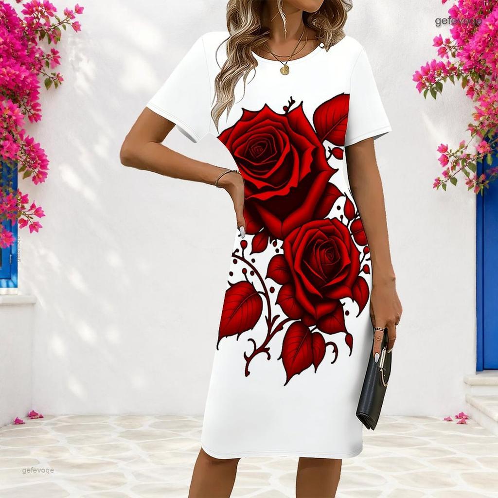 Women Plus Size Round Neck Short Sleeve Red Rose Printed White Fitted Dress