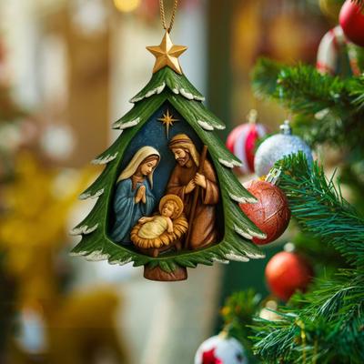 קישוט לעץ חג המולד של לידה, דתי אקרילי משפחה קדושה תליון, לידת ישו קישוט נוצרי לקישוט עץ חג המולד
