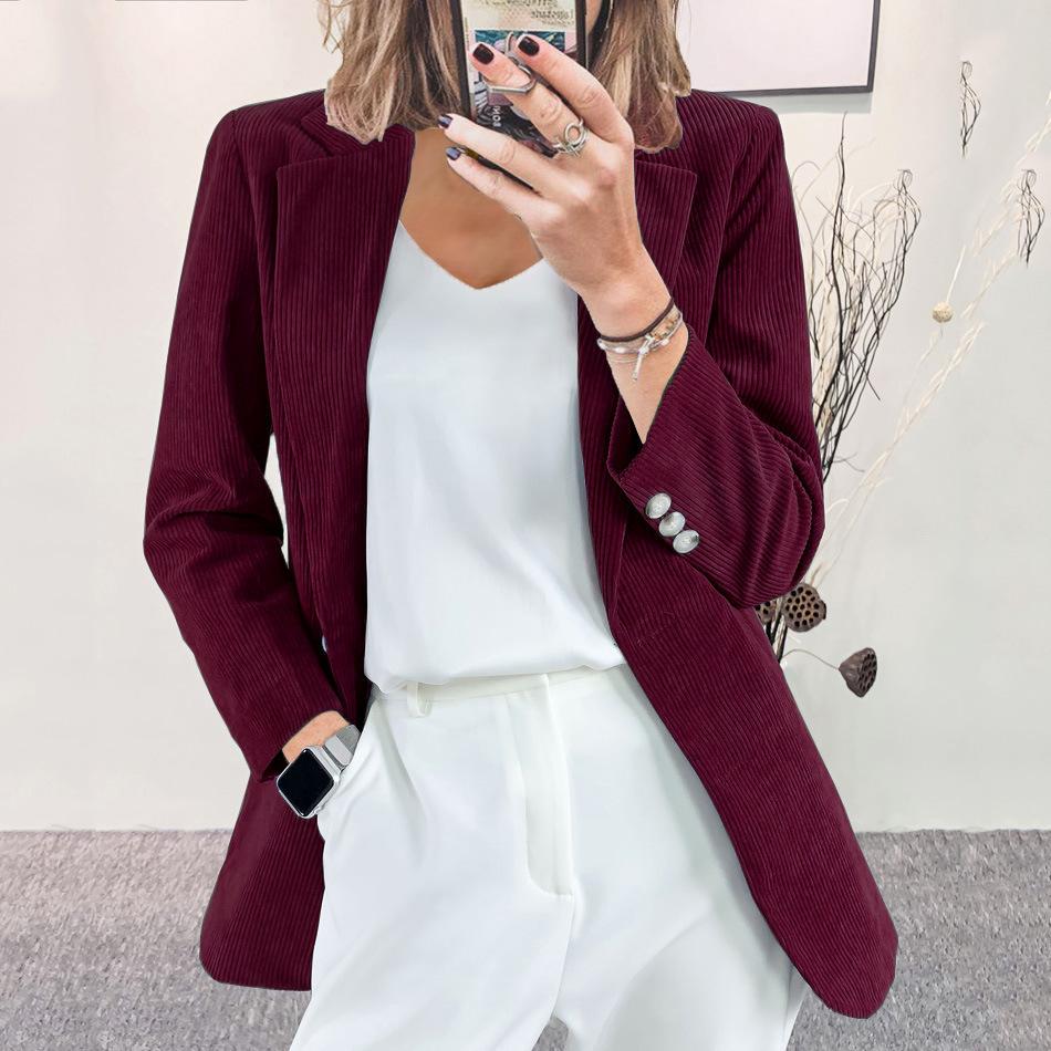

Women s Corduroy Blazer Slim Fit Open Front Jacket Elegant Casual Office Wear Smart Coat XL вино красного
