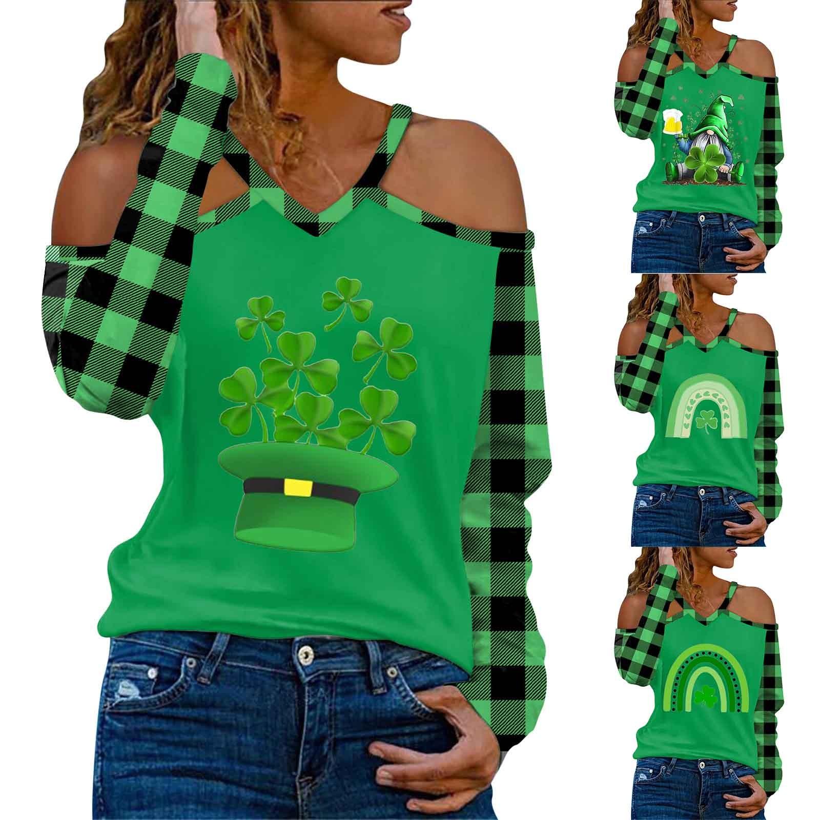 

Женская мода в повседневном стиле с v-образным вырезом St. Футболка с открытыми плечами и длинными рукавами с принтом «День Святого Патрика»