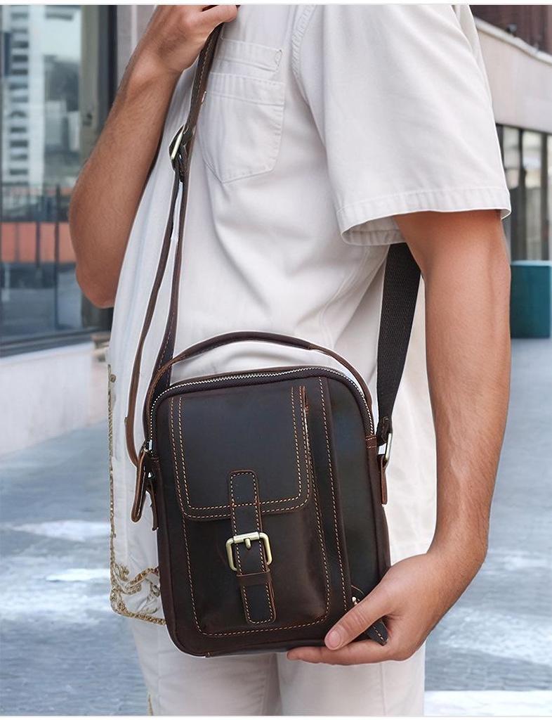 DUJIANG Herren Vintage Crazy Horse Leder Umhängetasche - Echtes Leder Freizeit Outdoor Tasche