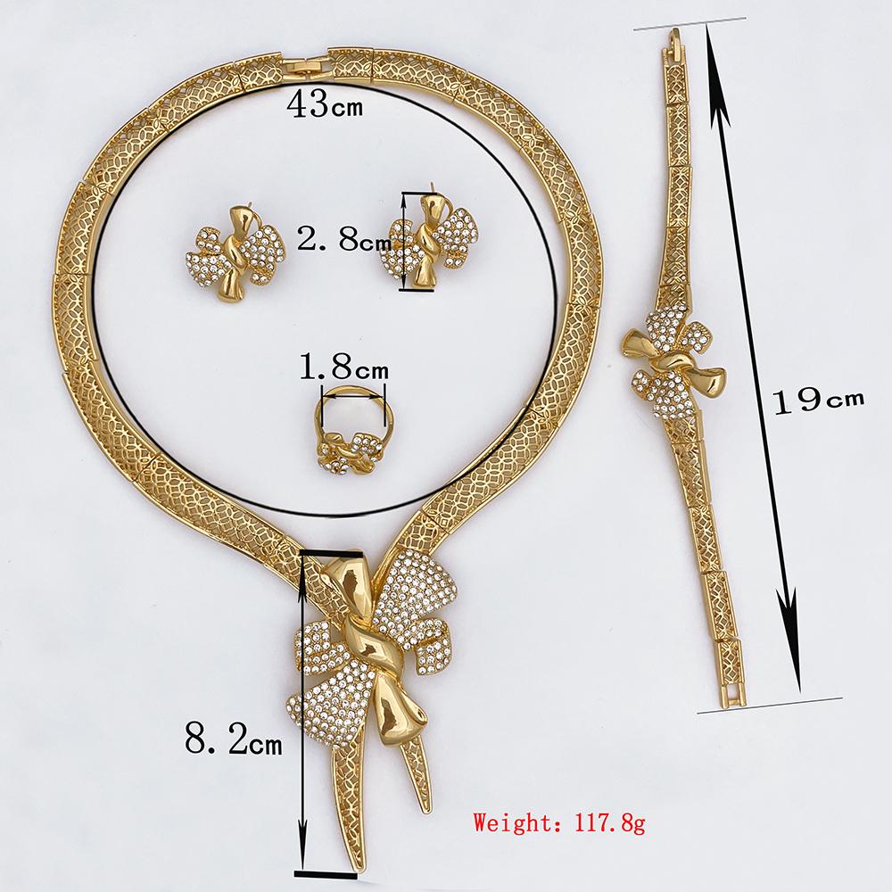 Italy 18k Gold Plated Women Zircon Set Classic Design Bowknot Necklace Earring Bracelet And Ring 4PCS Set Zircon Wedding Party
