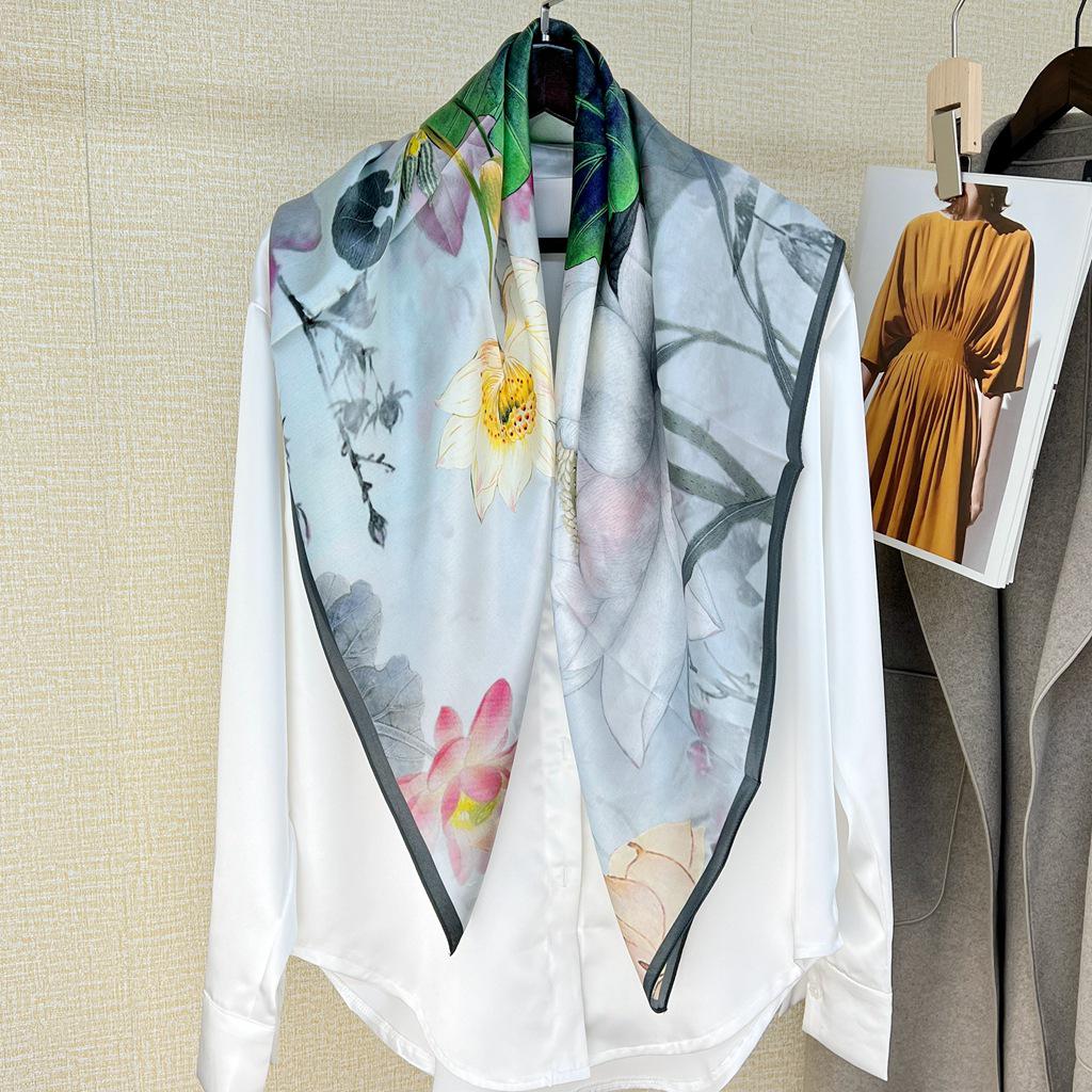 Guochao Lotus Landscape 100% Mulberry Silk Scarf - Versatile Women's Square Shawl