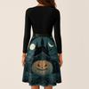 Women's Casual V-Neck Long Sleeve Dress with Halloween Print Retro