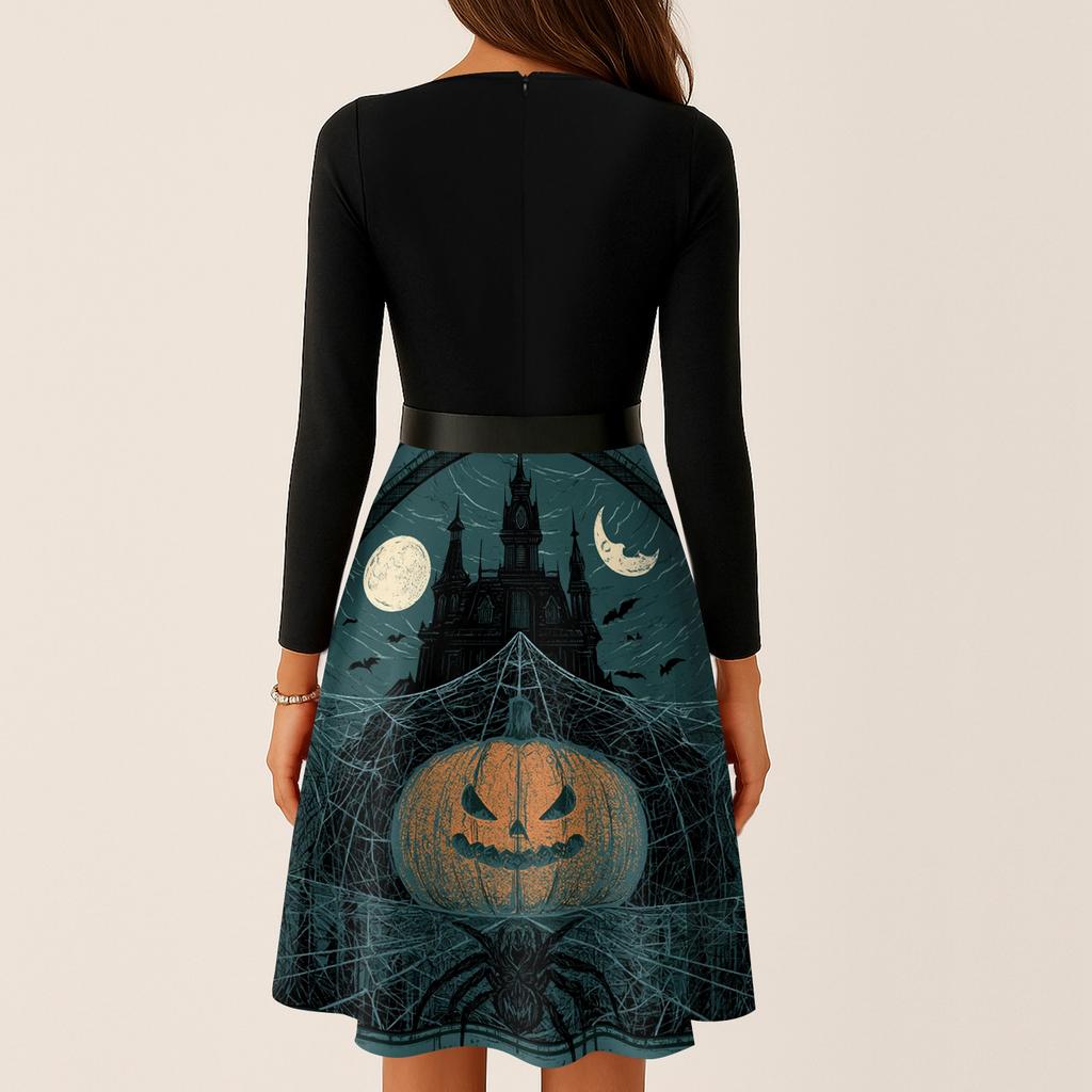 Women's Casual V-Neck Long Sleeve Dress with Halloween Print Retro