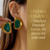 Vintage Chunky Gold Color Stud Earrings for Women Stainless Steel Hammered Molten Metal Green Stone 80s Statement Retro Jewelry
