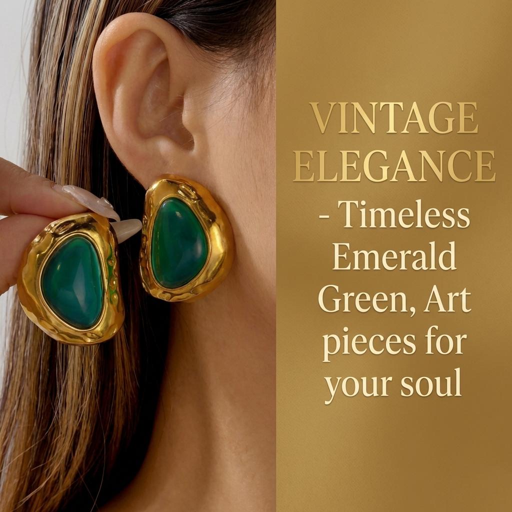 Vintage Chunky Gold Color Stud Earrings for Women Stainless Steel Hammered Molten Metal Green Stone 80s Statement Retro Jewelry