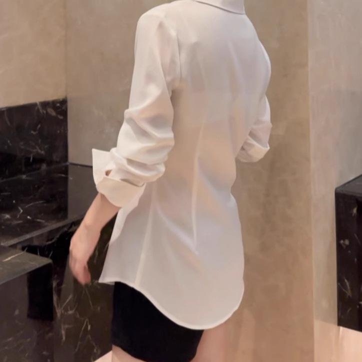 Acetate Satin White Women's Waist-Cinched Shirt - French Slim-Fit Spring & Autumn Design, Light Luxury.
