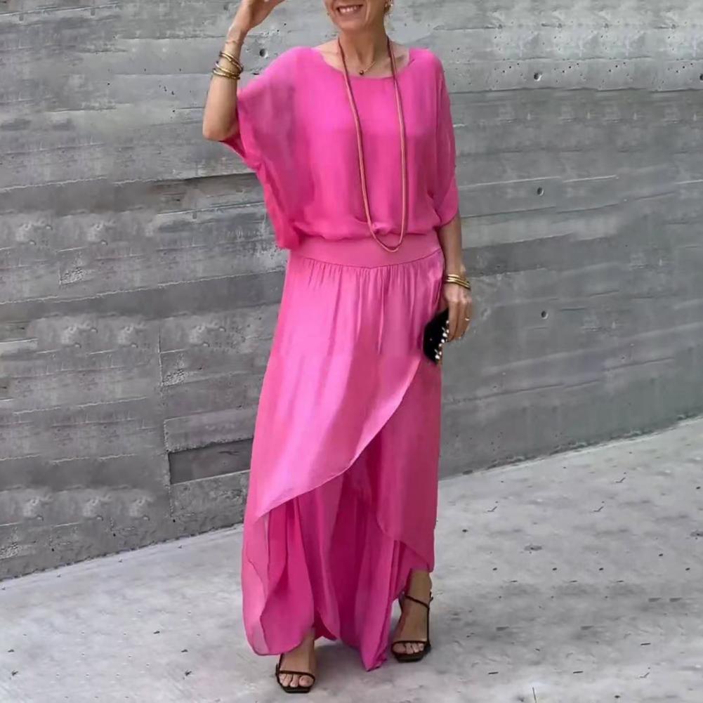 Women Chiffon Top Pants Set Spring Summer Casual Two Piece Crew Neck Top Wide Leg Pant Flowy Wedding Guest Outfit
