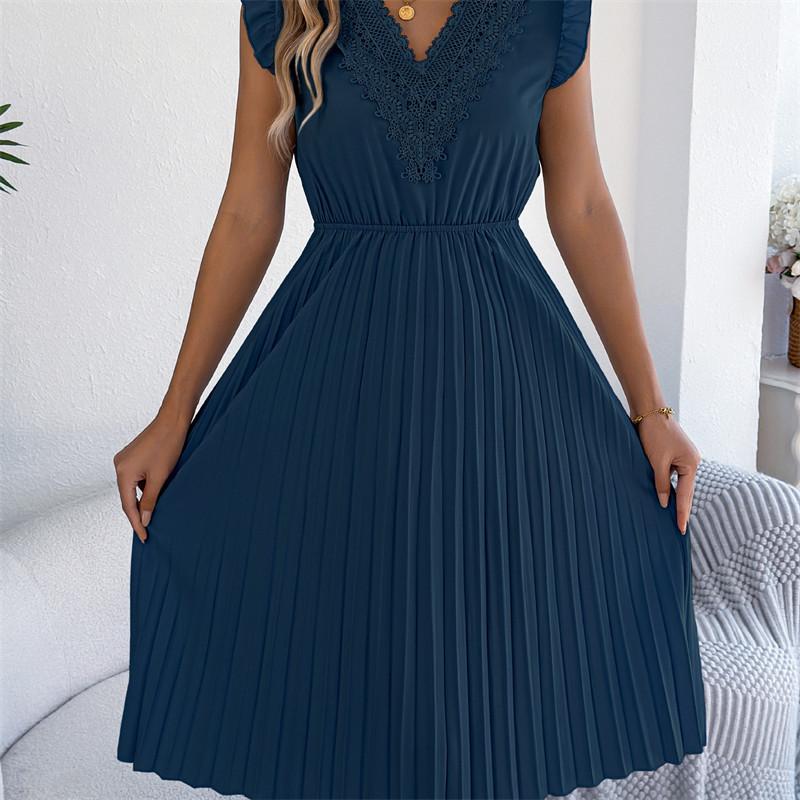 2026 Spring/Summer Women's Lace V-neck Black Ear Edge Waist Pleated Dress S-XL