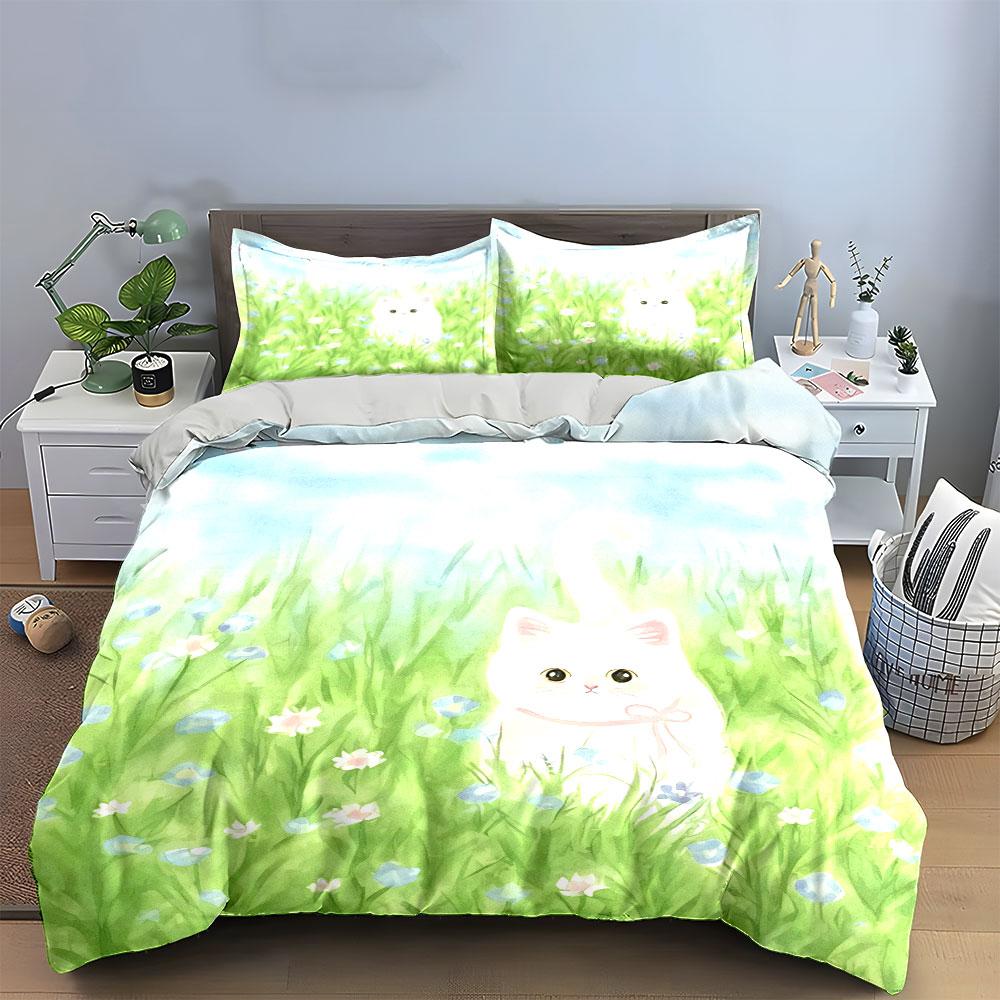 Cat-Themed Pastoral Art Set Soft Comfortable Duvet Cover Bedding Set Included 1*Duvet Cover & 2*Pillowcases, Gift