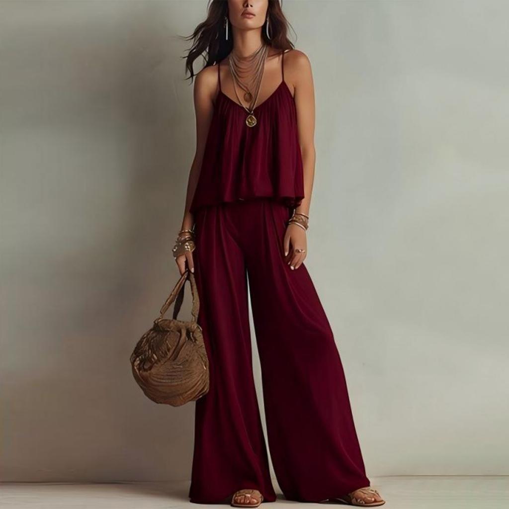 Women Summer Sleeveless V Neck Camisole Top Elastic Waist Wide Leg Pants Two Piece Set Casual Loose Fit