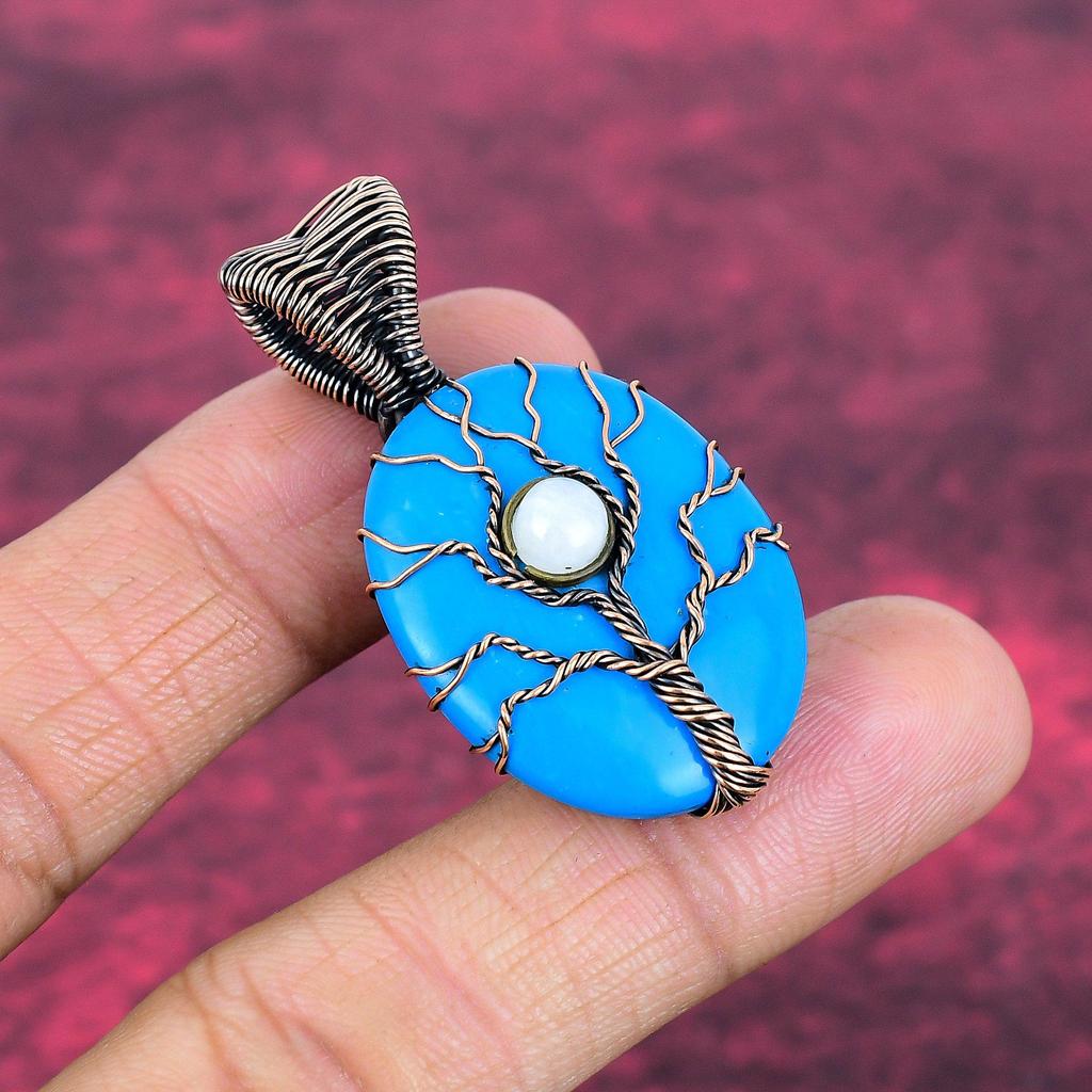 Tree Of Life Sleeping Beauty Turquoise Pendant Copper Wire Wrapped Unique Jewelry