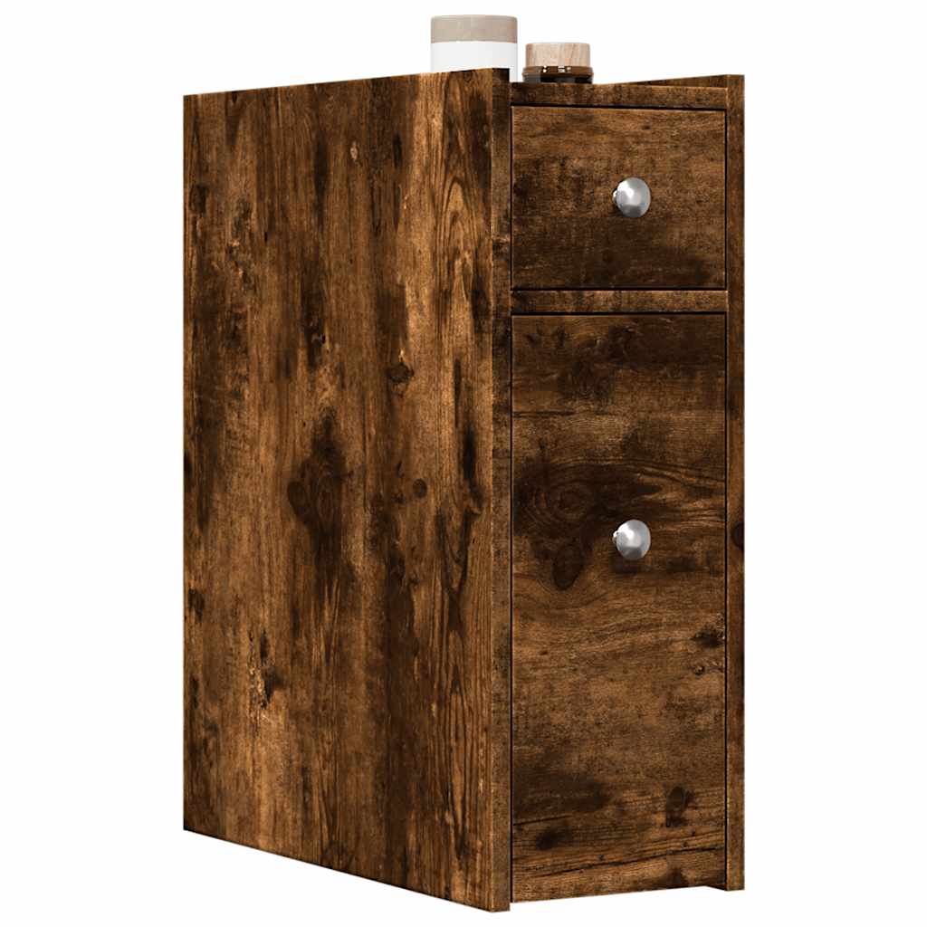 Narrow Bathroom Cabinet with Casters Smoked Oak Wood Based Material