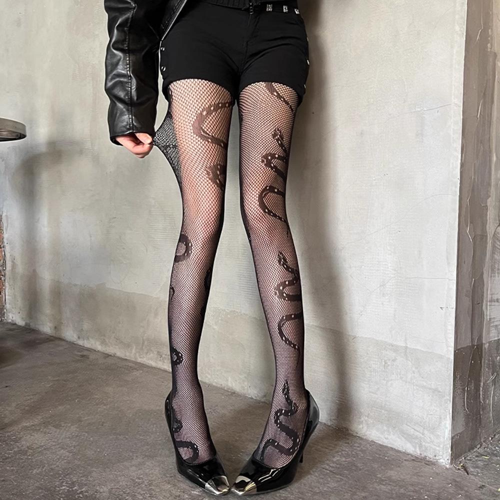 

Women Sexy Hollowed Serpentine Jacquard Pantyhose Punk Gothic Style Elasticity Fishnet Tights Party Street Wear One Size