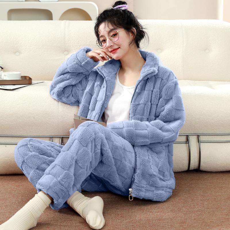 Flannel Thickened Velvet Pajamas Set Winter Long-sleeved Coral Velvet Pajamas for Women Warm Simple Solid Color Home Clothes