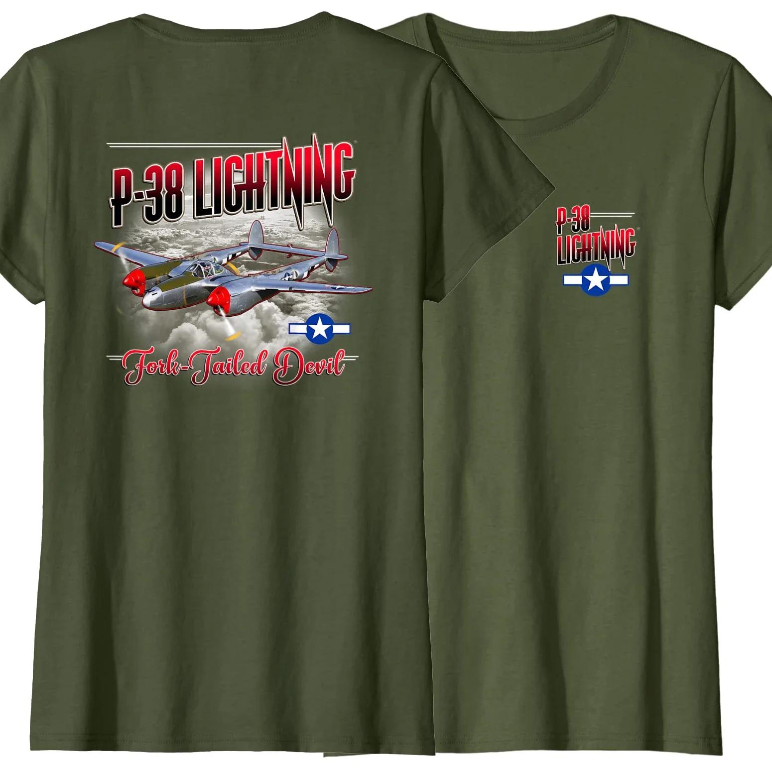 

P-38 Lightning Fighter Aircraft Fork Tailed Devil T-Shirt 100% Cotton O-Neck Summer Short Sleeve Casual Mens T-shirt Size S-3XL 4XL